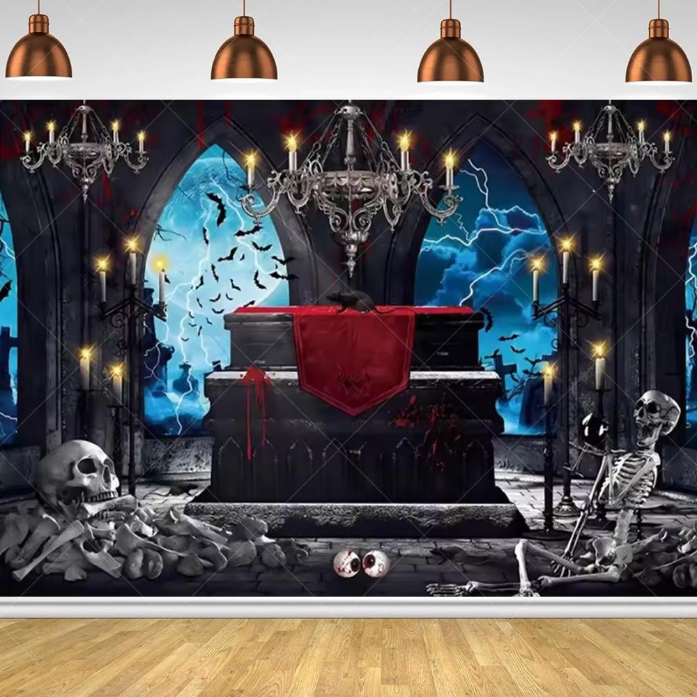 Halloween Horror Night Party Family Gathering Pumpkin Lantern Evil Witch Black Castle Cemetery Forest Background Cloth backdrop