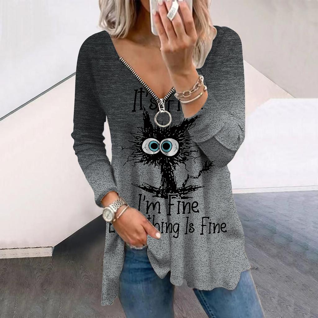 T-shirt da Donna Autunnali Creative con Stampa Catletter Manica Lunga Ampie Scollo a V Taglie Forti Maglietta Top Blusa Comoda