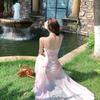 French temperament mesh suspender dress summer slim seaside vacation waist pink floral fishtail dress women