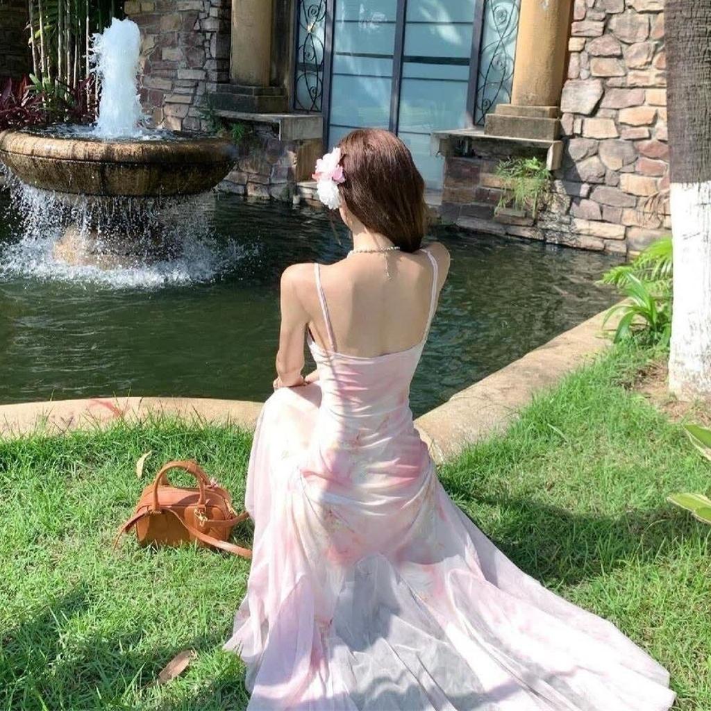 French temperament mesh suspender dress summer slim seaside vacation waist pink floral fishtail dress women