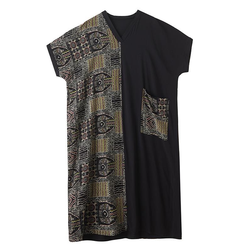 DIMANAF 2025 Summer Women Plus Size Dress Basic Casual Dress Loose Vintage Printing Long Beach Short Sleeve Dress