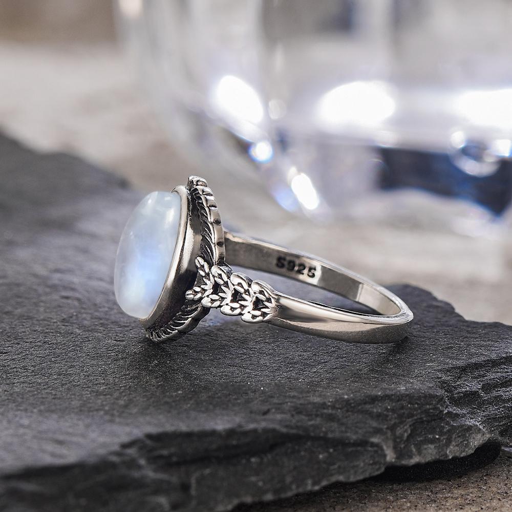 Vintage S Sterling Silver Natural Moonstone Ring Oval 8*10MM Simple Black Twists Ring Party Gifts Fine Jewelry For Women Men