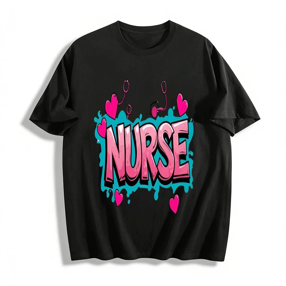 Graffiti Style Nurse Themed Top With Heart Stethoscope Print Pure cotton T-shirt XXS