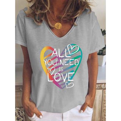Fashion Spring  Love Print Blouses Short Sleeved V-Neck T Shirts Casual