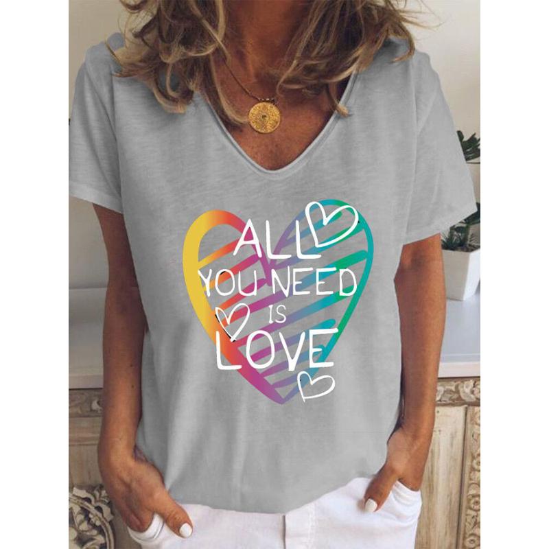 

Fashion Spring Love Print Blouses Short Sleeved V-Neck T Shirts Casual 8XL сірий