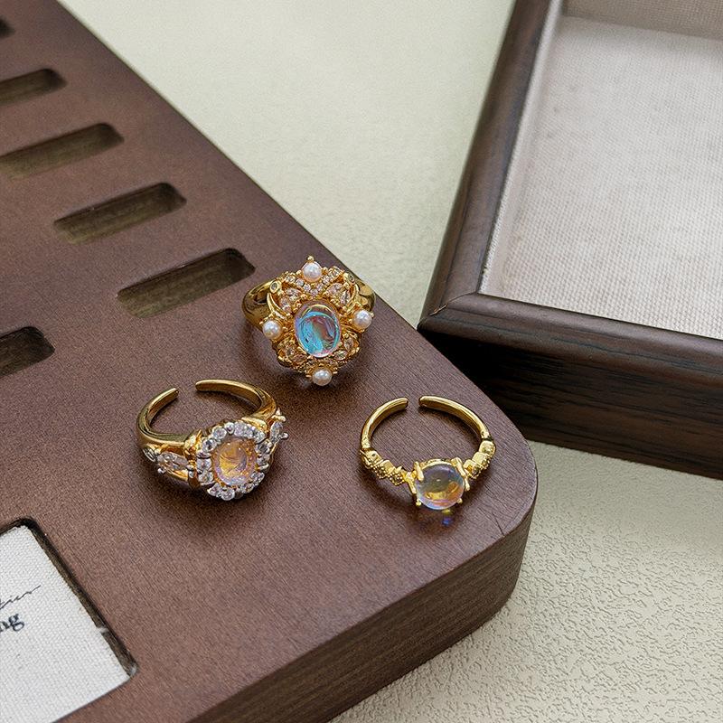 Light Luxury Blue Moonstone Retro Court Style Diamond-Encrusted Zircon Bead Open Ring Niche High-End Elegant Ring