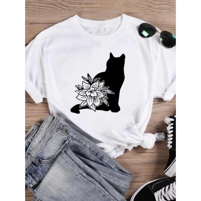 Short Sleeve T Top T-shirts Women Tee Print Summer Cartoon Cat Love Valentine Shirt Female Graphic Fashion Clothing Shirt