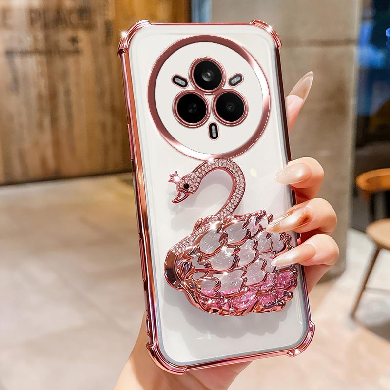 KEYSION Shockproof Plating Phone Case for Realme 14 Pro 5G Clear TPU Glitter Jewelled Swan Kickstand Back Cover for OPPO Realme 14 Pro+ 5G