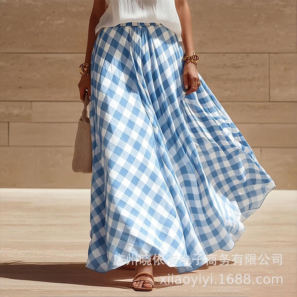 Women's High Waist Plaid Midi Skirt A-Line Flowy Layered Summer Skirt Multi Color