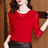 Women Draped Cowl Neck Mesh Spliced Long Sleeve Top Elegant Commute Solid Color Sheer Mesh Undershirt Spring Autumn Basic Blouse