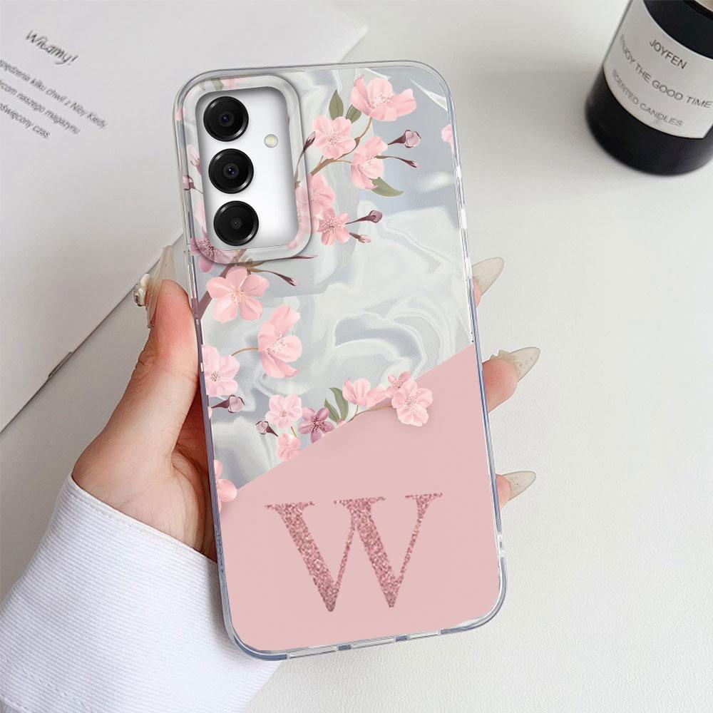 A Z Pink Letter Peach Flower Shockproof Phone Case For Samsung Galaxy A07 A17 A06 A16 A26 A36 A56 A12 A22 Shell Couple Cover