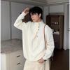High Neck Solid Color Men's Sweater - Irregular Button Design, Youthful Loose Fit Knitwear