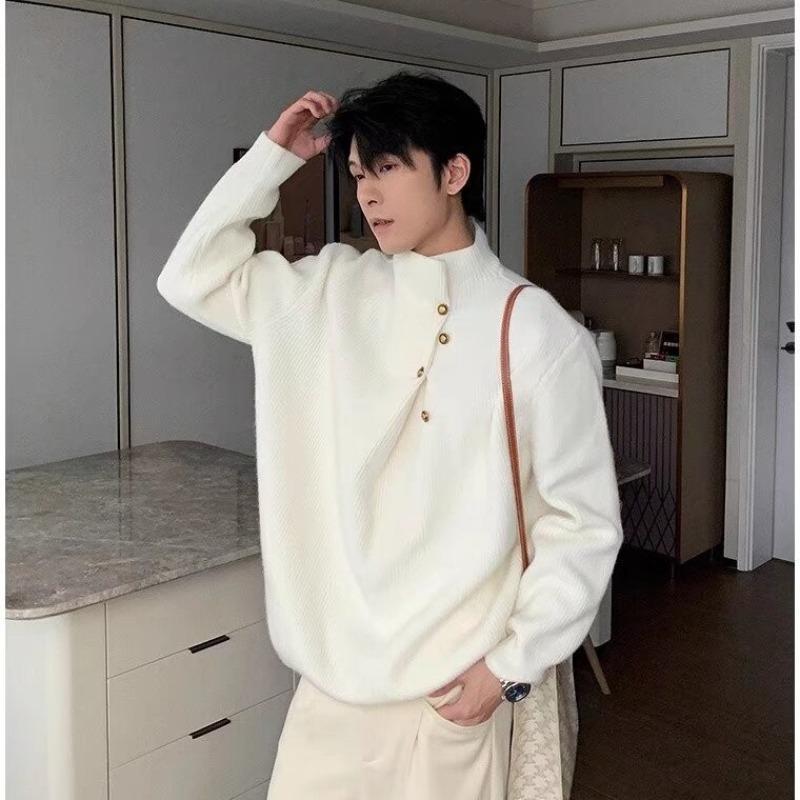 High Neck Solid Color Men's Sweater - Irregular Button Design, Youthful Loose Fit Knitwear