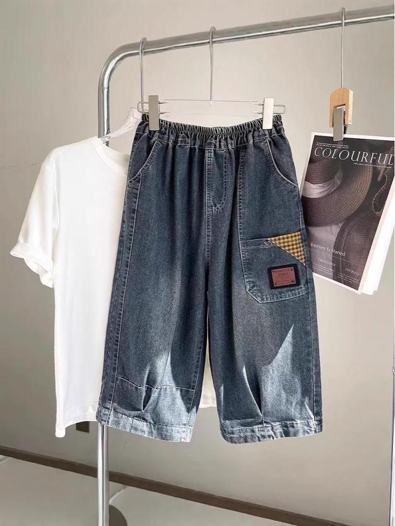 Women's Fashionable Six-Point Denim Capris: New Petite Summer Style, Elasticated Cuffs, Patch Details, Washed & Distressed Harem Pants.