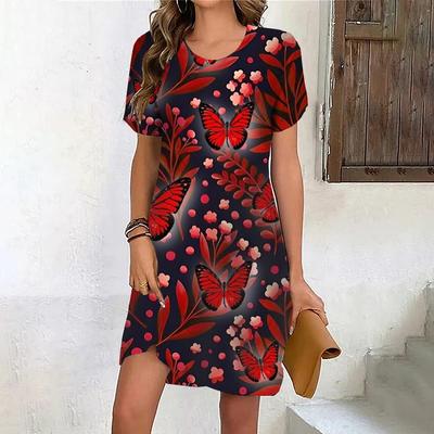 Moda 3D Baskılı Yazlık Elbise Bol Günlük Kısa Kollu O-Yaka Mini Elbise