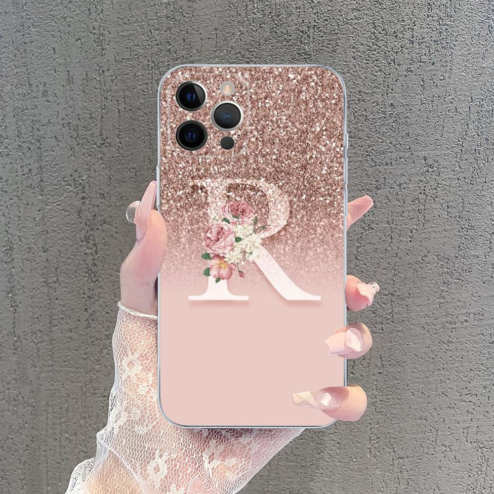 Letter Pink Shiny M R Clear Phone Case For IPhone 15 14 13 12 Mini 11 Pro XS Max X XR SE 6 7 8 Plus Soft Silicone Cover