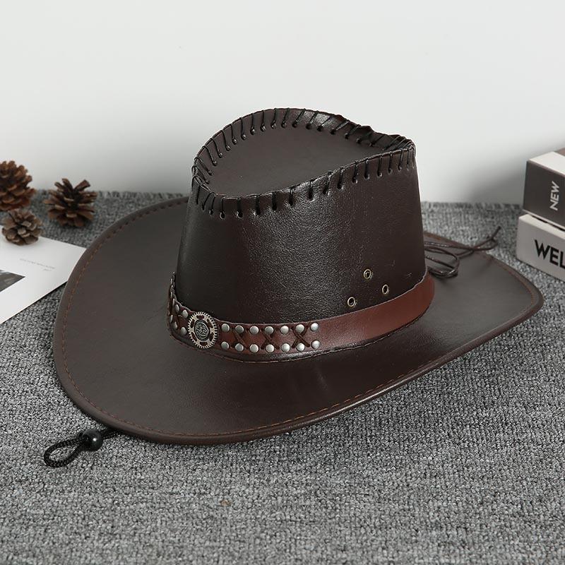 Ethnic Style PU Leather Cowgirl Hat Women Men Wide Brim Western Caps for Carnival Rave Party Travel Panama Jazz Hats