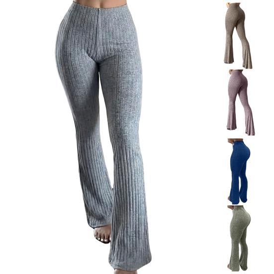 Yoga Pants Women Wide Leg Casual Trousers Elastic High Waist Hip-Hugging Style Solid Color Ribbed Fitness Pants