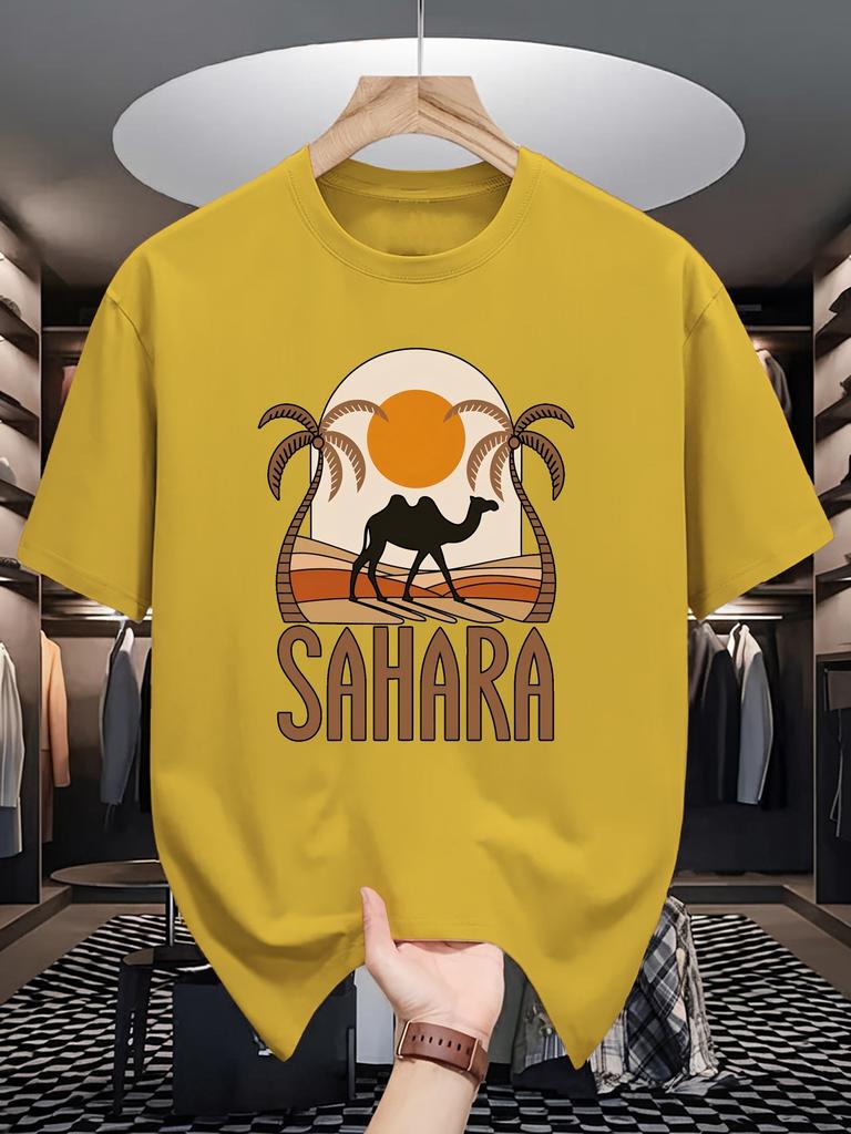 Unisex Crew Neck Tee Sahara Camel Retro Desert Sunset Art Print Soft Cotton Loose Short Sleeve Summer Casual Male Streetwear Tops