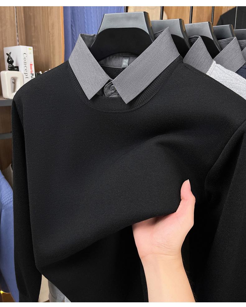 Men's Two-in-One Fleece-Lined Knit Sweater with Shirt Collar for Autumn/Winter