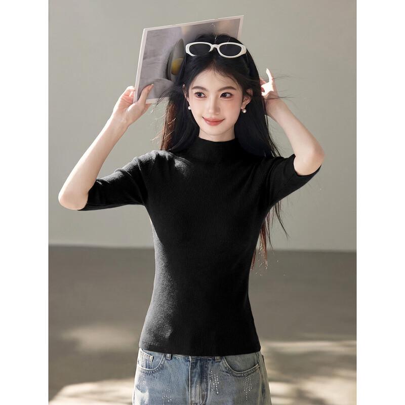 

Mokana Women s Minimalist Mock Neck Mid-Sleeve Knit Top One Size
