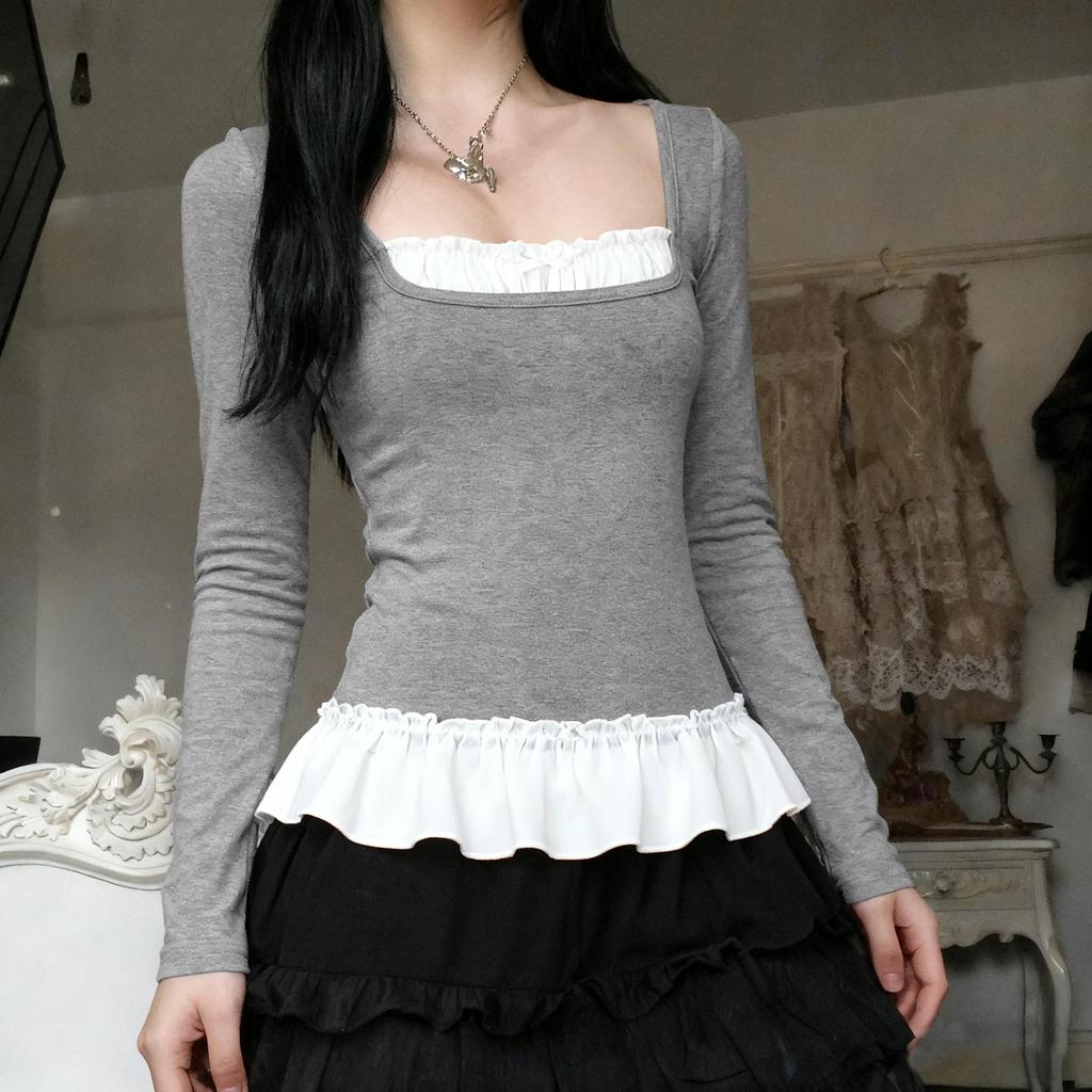 French Doll Collar Patchwork Lace Long-Sleeve Top