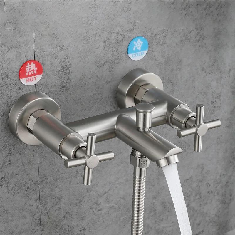 Bathroom Shower Faucet Stainless Steel Triple Bathtub Faucet Double Cross Handle Dual Control Hot Cold Mixer Valve Nozzle Tap