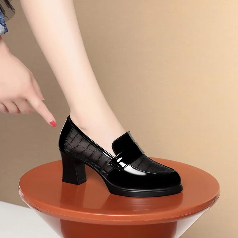 Fashion British Style Summer Single Shoes High Heels Waterproof Platform Thick Heel Loafers Mesh Breathable Middle-Aged Leather Shoes