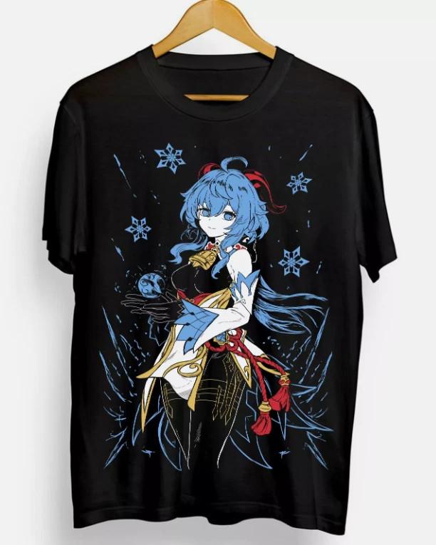 Anime Ganyu Genshin Impact Black T Shirt Size S 4XL