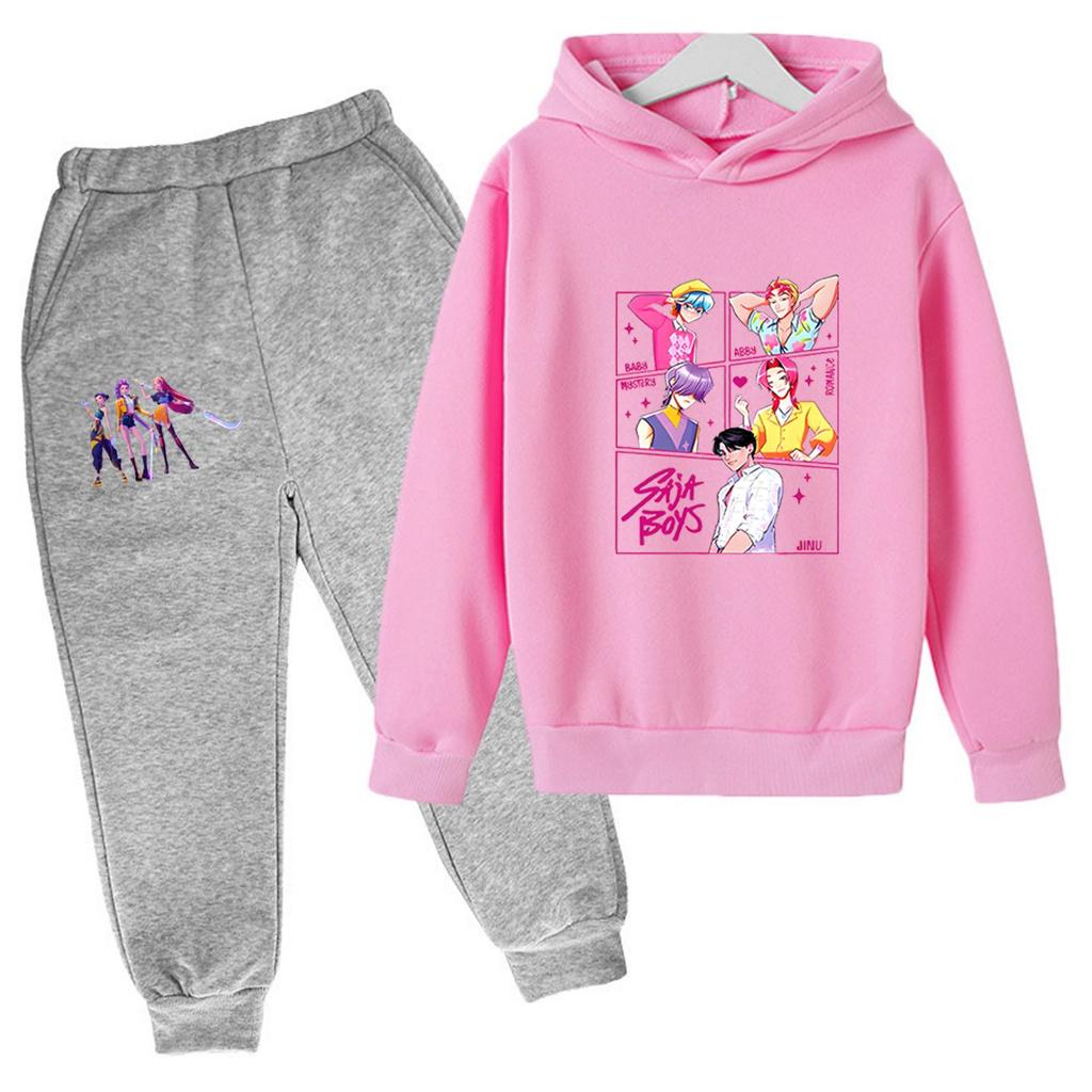Winter Boy And Girls Color Long Sleeved Hooded Sweatshirt Two Piece Set Of Top And Pants