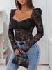 Elegant Lace Trim Bodycon Black Bodysuit with Square Neck