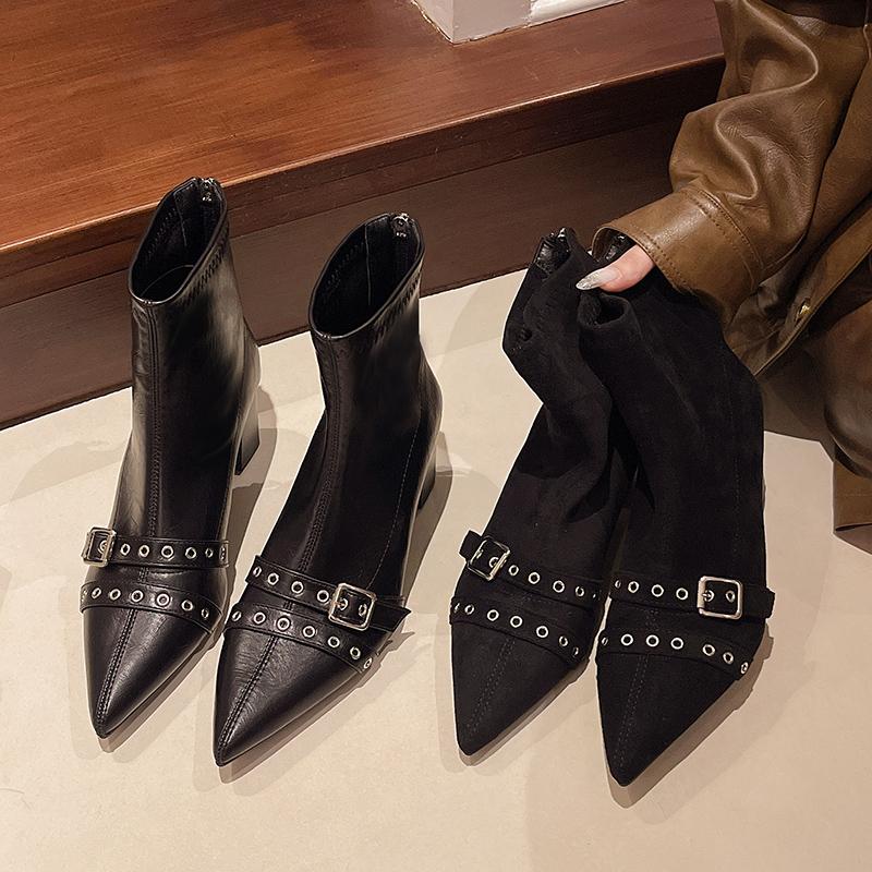 Fashion Studded Metal Buckle Booties Fall New Pointed Toe Suede Rear Zipper Block Heel Skinny Boots