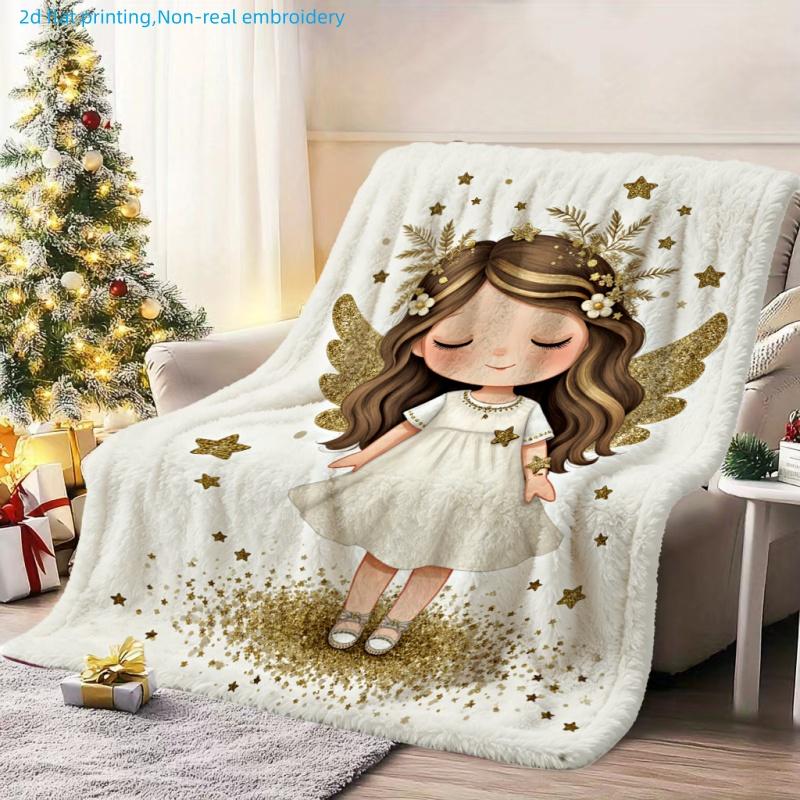 1pc Cute Cartoon Angel Print Blanket, Golden Stars And Wreath Design, Multi-Size Available, Suitable for Living Room, Bedroom, Study, Balcony, Office