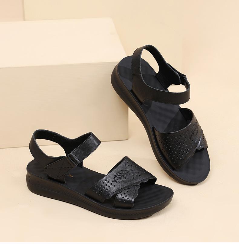 Red Dragonfly Women's Genuine Leather Sandals - Summer 2025 Comfortable Soft Sole Flat Bottom for Middle-aged Mothers