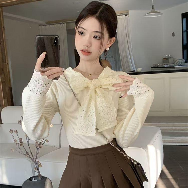 French Ribbed Lace Trim Slimming Top: Chic Autumn/Winter Base Shirt