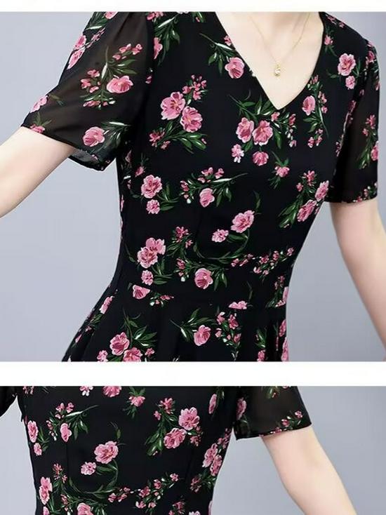 Elegant Summer Floral Print Dress: Knee-Length, Loose Fit, Slimming Waist, Short-Sleeved, Large Hem.