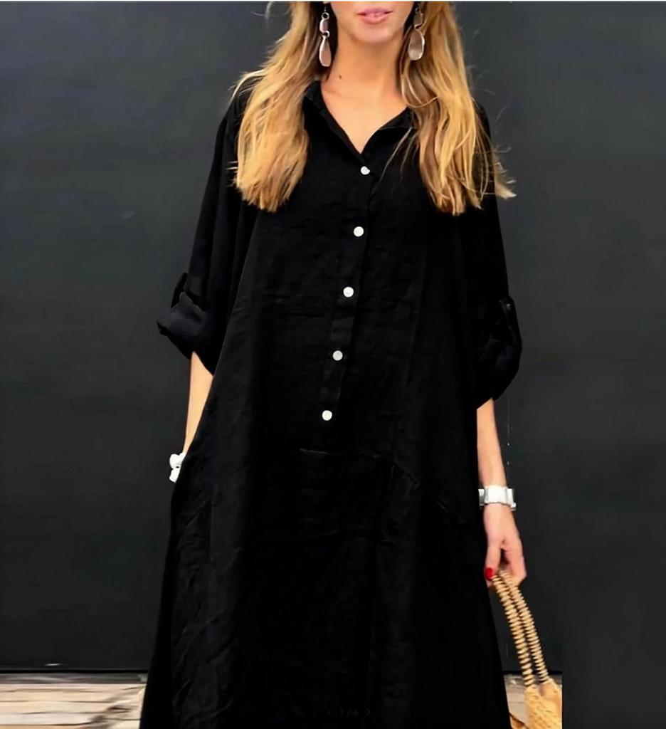2024 Summer Casual Cotton Linen Plus Size Shirt Collar Long Dress for Women