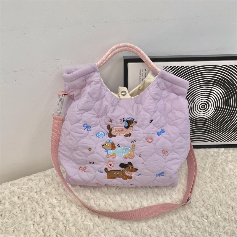 2 Cartoon Embroidery Soft Cute Messenger Bag Large Capacity Shoulder Tote Bag Quilting Cotton Commuter Tote Bag