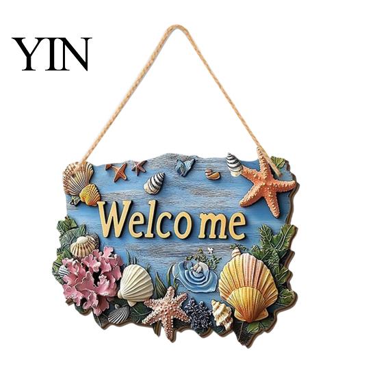 Summer Beach Party Decorations Coastal Wooden Wreath, Ocean Welcome Sign, Starfish Shell Nautical Handmade Sign Front Door Hanger for Porch,
