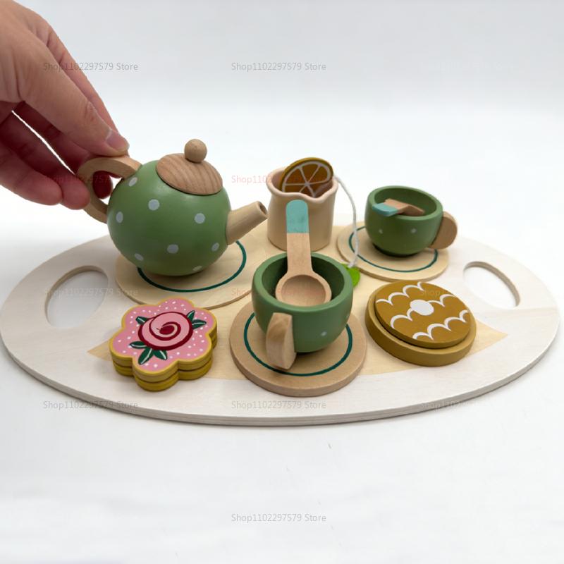 Wooden Tea Set for Little Girls Play Food Pretend Play Kitchen Accessories for 3-5 Years Old Girls and Boys Tea Time Party Toys