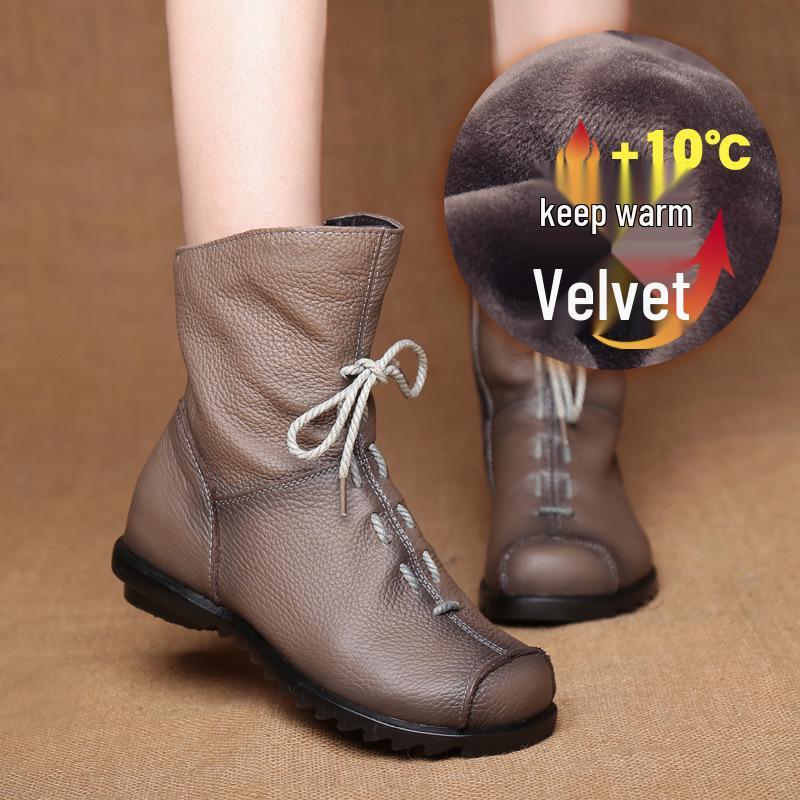 Original Genuine Leather Low Heel Ankle Boots - Retro Style for Autumn/Winter Women's Fashion
