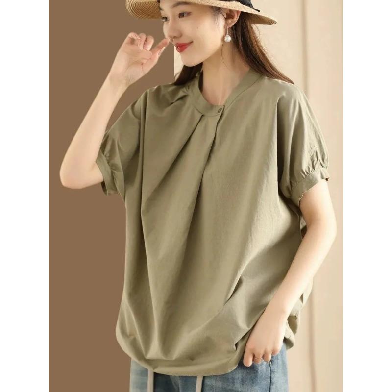 Japansk Oregelbunden Veckad Lös Ståkrage Kortärmad Skjorta Dam Sommar Ren Bomull Topp