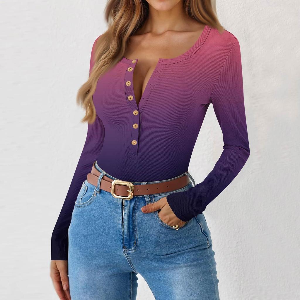 Women's  And Winter Slim Bottom T-shirt Fashion Casual Gradient Printing Round Neck Pullover Long Sleeve Top