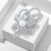 Silver Tone Double Flower Brooch Pin with Big Beads & Rhinestones, Women's Elegant Chest Decorative Button for Jacket Coat Suit
