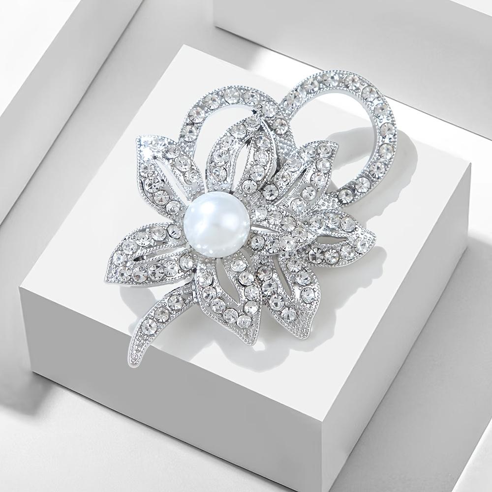 Silver Tone Double Flower Brooch Pin with Big Beads & Rhinestones, Women's Elegant Chest Decorative Button for Jacket Coat Suit