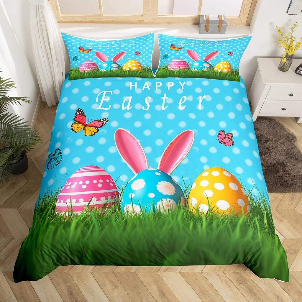 Juego de Ropa de Cama Suave con Huevos de Pascua Estampado 3D Dibujos Animados de Conejo Huevos Funda Nórdica Funda de Almohada de Poliéster Saludos y Regalos Para el Día de Pascua
