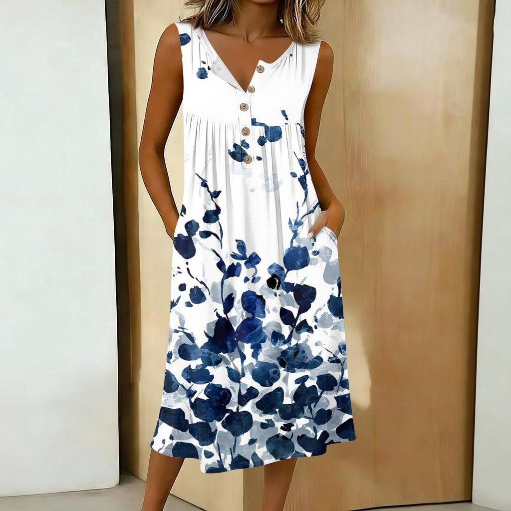 Women's Casual Sleeveless Button-down Mid-length Dress