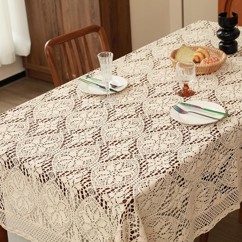 Elegant Retro Pastoral Style Lace Simple Crochet Tablecloth Cotton and Linen Coffee Table Cloth Background Cloth Placemat