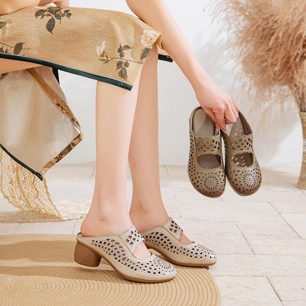 Fashion Wearing Slippers for Womens 2025 Summer New Leather Hollow Out Thick High-heeled Breathable Hole Toe Slippers Women Ladies Shoes