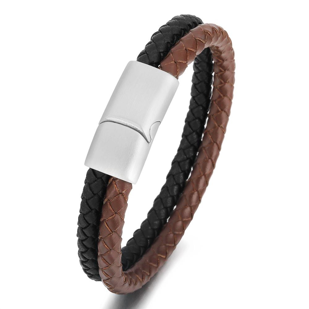 Hot Sale Spot Fashion Double Layer Multicolor Leather Stainless Steel Bracelet For Men